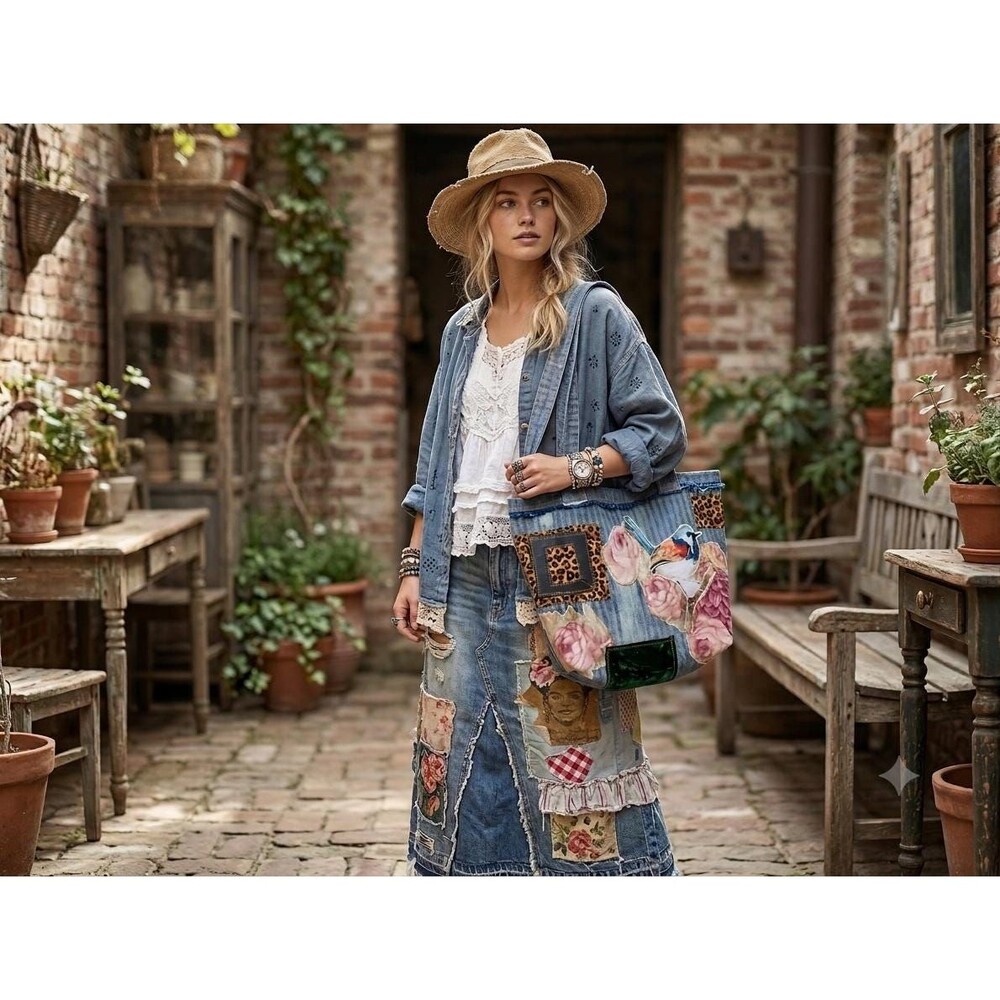 Denim Patchwork Tote Bag Applique Reclaimed Fabric Oversized Boho Handbag